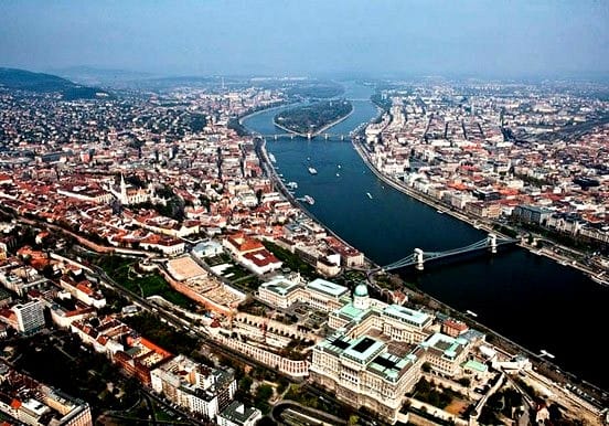 Flight view above the Danube river
