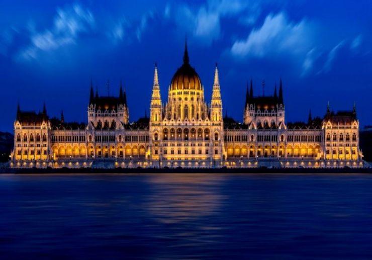 Night view of Budapest parliament from cruise